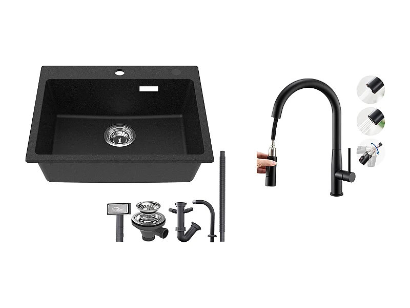 1 Bac Évier Cuisine en Granit,55*45*20cm,Kit Vidage,Noir+Robinet de Cuisine avec Douchette Extractible,Eau Froide/Chaude,Bec en Forme U,Noir