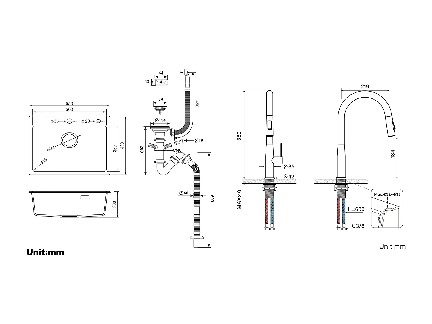 1 Bac Évier Cuisine en Granit,55*45*20cm,Kit Vidage,Noir+Robinet de Cuisine avec Douchette Extractible,Eau Froide/Chaude,Bec en Forme U,Noir