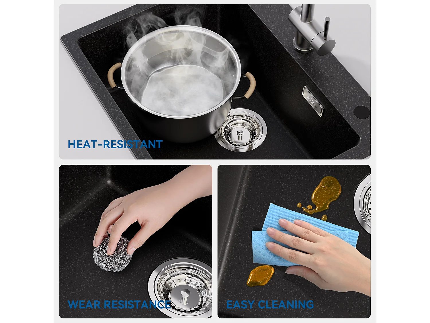 1 Bac Évier Cuisine en Granit,55*45*20cm,Kit Vidage,Noir+Robinet de Cuisine avec Douchette Extractible,Eau Froide/Chaude,Bec en Forme U,Noir