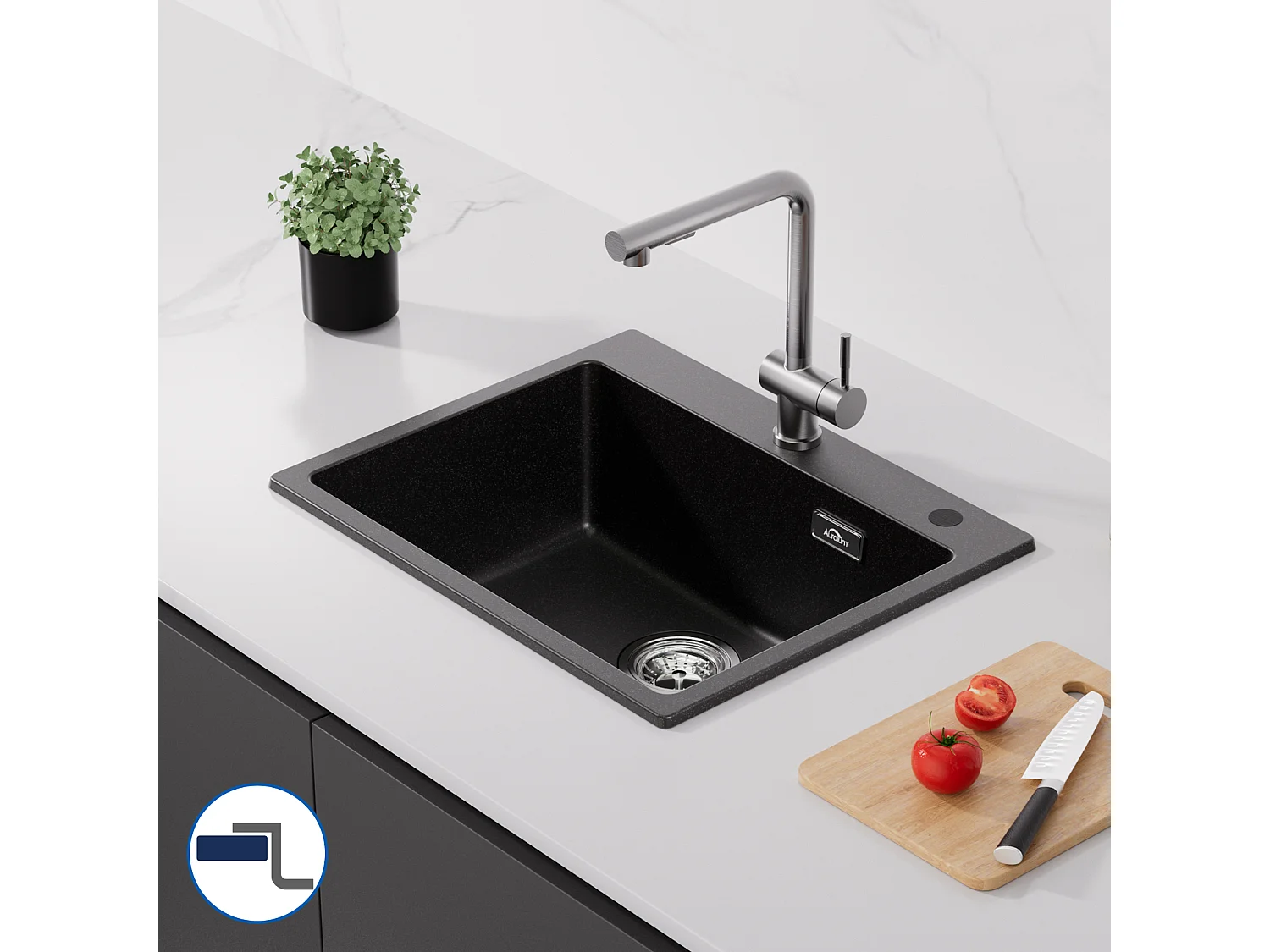 1 Bac Évier Cuisine en Granit,55*45*20cm,Kit Vidage,Noir+Robinet de Cuisine avec Douchette Extractible,Eau Froide/Chaude,Bec en Forme U,Noir