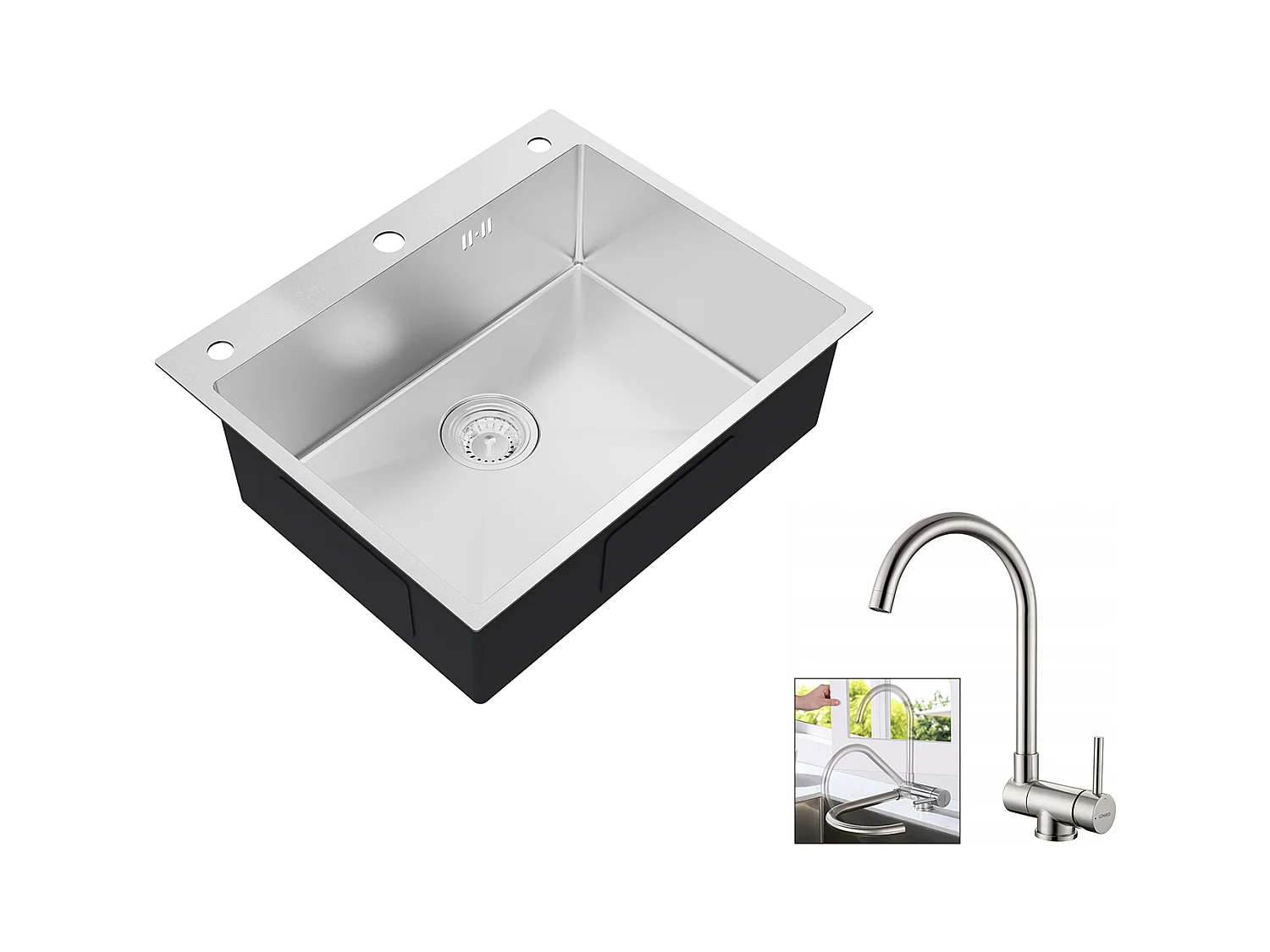Auralum max Évier de Cuisine à Encastrer,1 Bac,60*49*20CM,Évier en inox 304,Silver+Mitigeur Cuisine Rabattable Pivotant 360° Eau froide Chaude