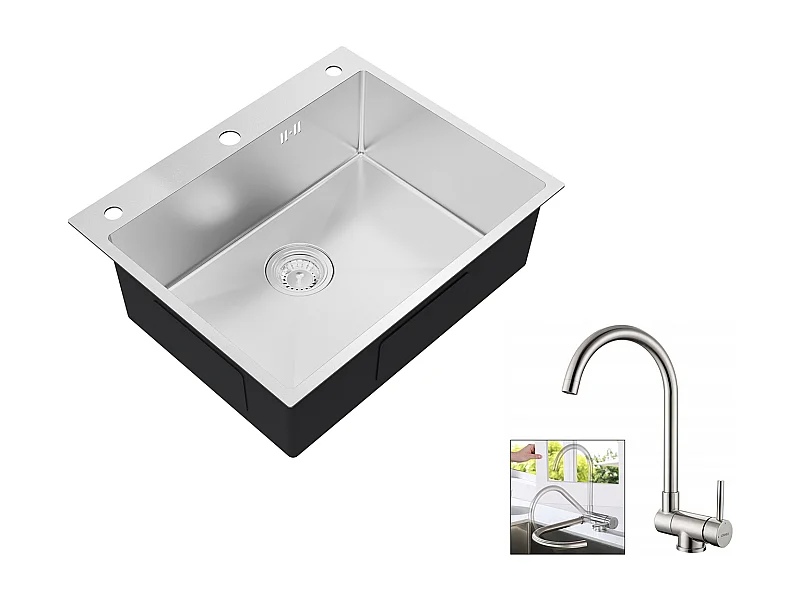 Auralum max Fregadero Cocina empotrado,1 Bandeja,60*49*20CM,Fregadero de acero inoxidable 304,Silver+Mezclador Cocina Plegable Giratorio 360°