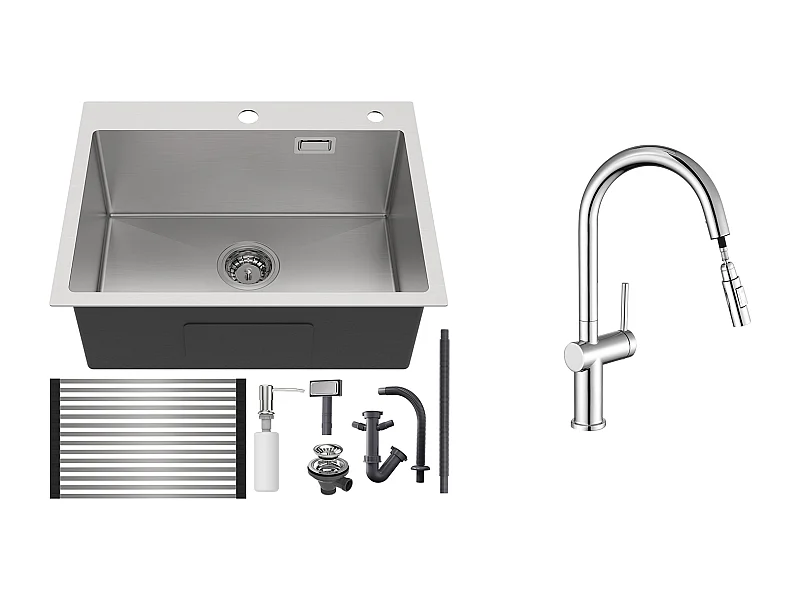 1 Becken gebürstetes Küchenspülbecken, 58 x 45 x 18 cm, aufrollbare Abtropffläche, Seifenspender + ausziehbarer Küchenarmatur mit zwei Funktionen, Chrom