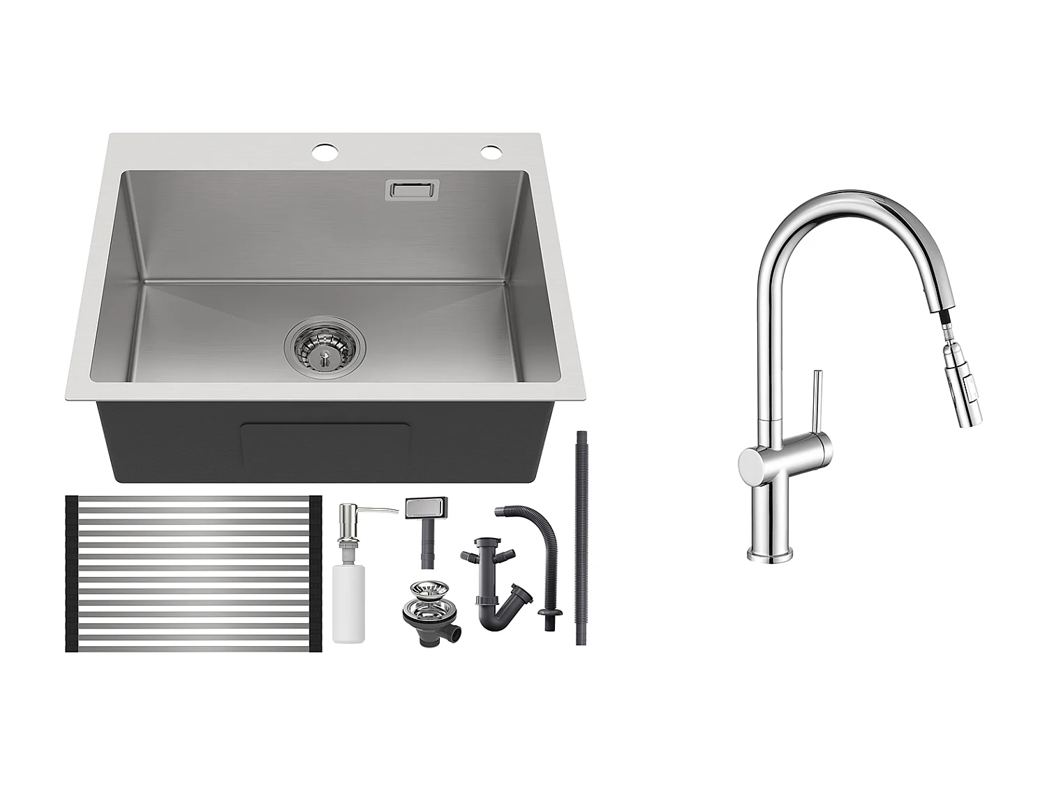 Geborstelde gootsteen 1 bak, 58*45*18CM, oprolbare afdruiprek, zeepdispenser + intrekbare keukenkraan met twee functies, chroom