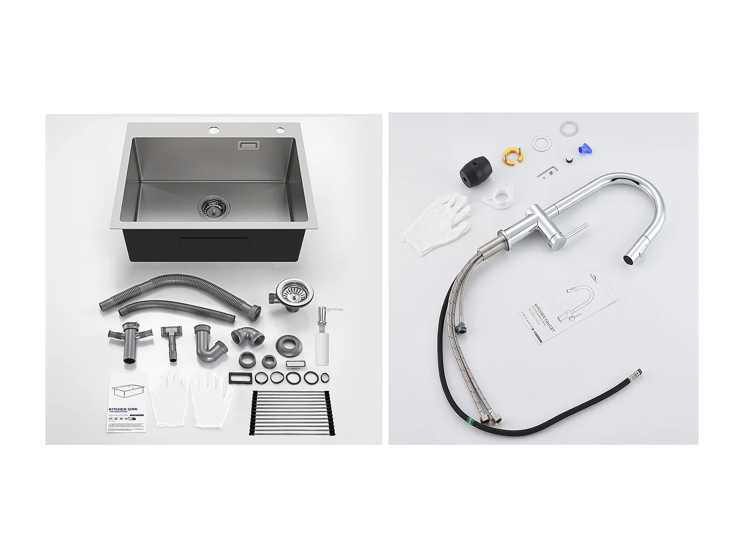 Geborstelde gootsteen 1 bak, 58*45*18CM, oprolbare afdruiprek, zeepdispenser + intrekbare keukenkraan met twee functies, chroom