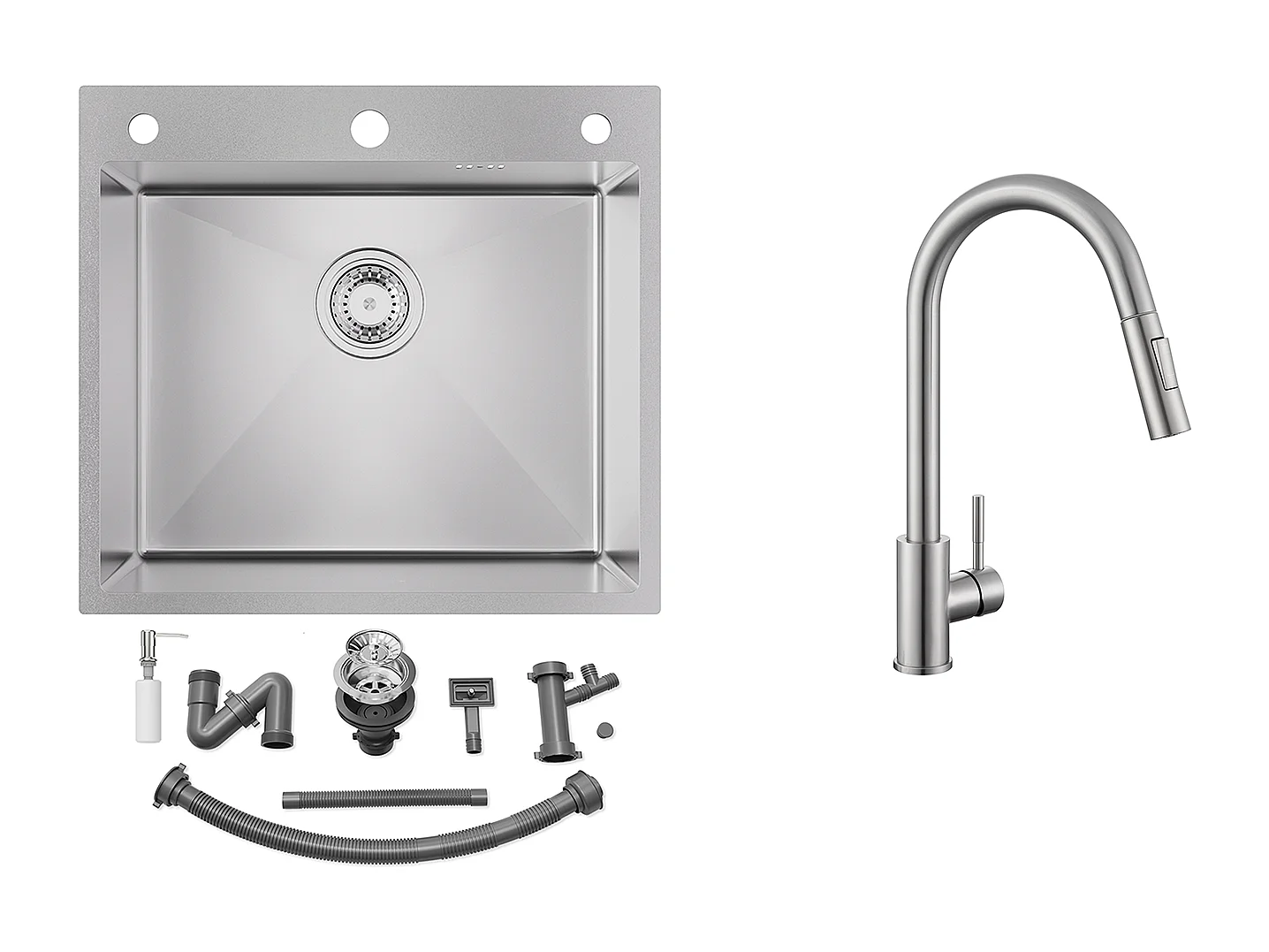 Evier Cuisine 54*49*20 CM,à Encastrer/à Fleur de Plan avec Distributeur Savon,Argent+Mitigeur Cuisine avec Douchette Extensible,Deux Fonction