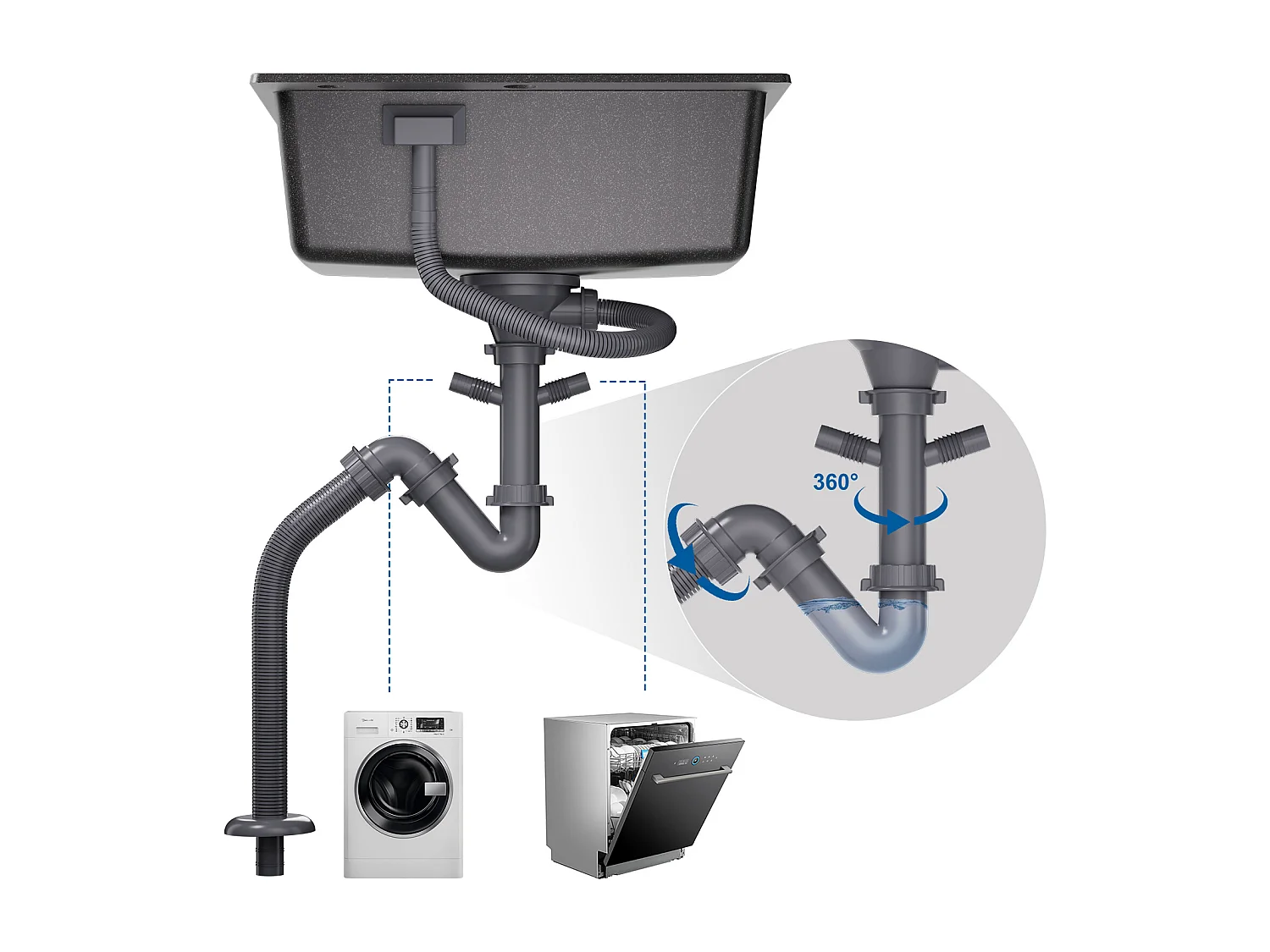 1 Bac Évier Cuisine en Granit,55*45*20cm,Kit de Vidage,Noir+Robinet de Cuisine Noir,  Inox Extractible Rotatif à 360 °, 2 Fon