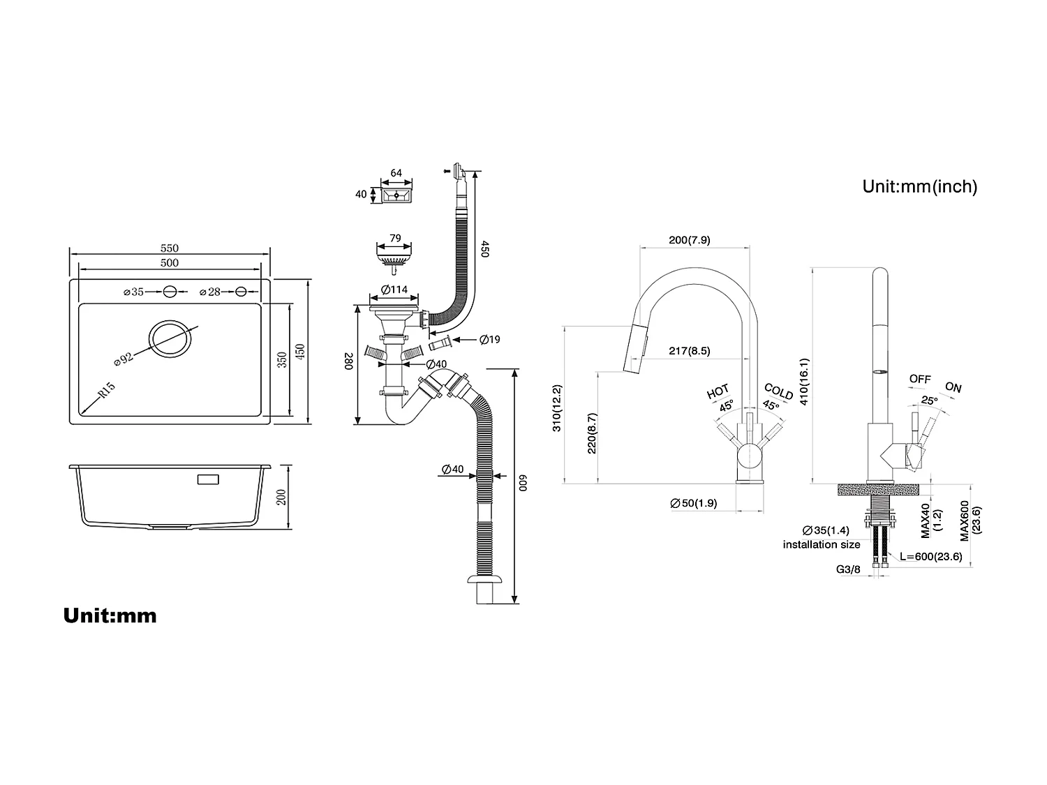 1 Bac Évier Cuisine en Granit,55*45*20cm,Kit de Vidage,Noir+Robinet de Cuisine Noir,  Inox Extractible Rotatif à 360 °, 2 Fon