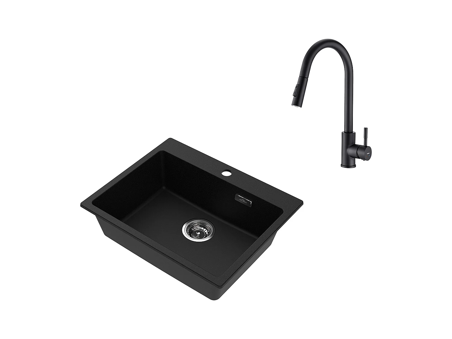 1 Bac Évier Cuisine en Granit,55*45*20cm,Kit de Vidage,Noir+Robinet de Cuisine Noir,  Inox Extractible Rotatif à 360 °, 2 Fon