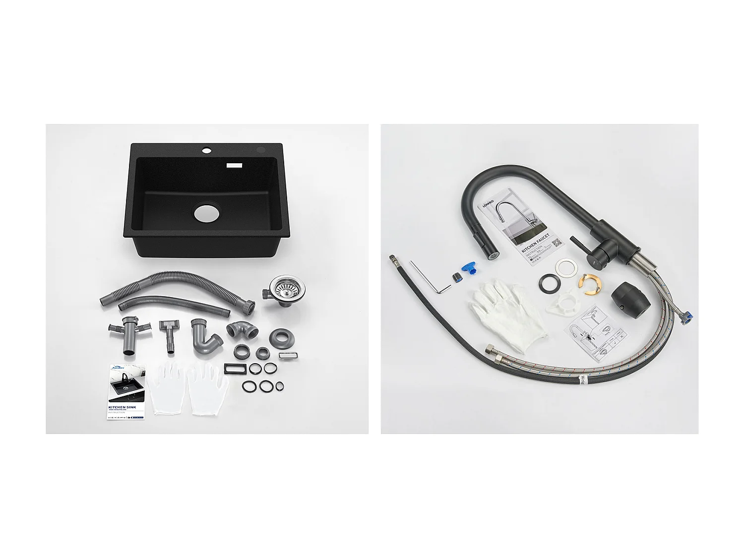 1 Bac Évier Cuisine en Granit,55*45*20cm,Kit de Vidage,Noir+Robinet de Cuisine Noir,  Inox Extractible Rotatif à 360 °, 2 Fon