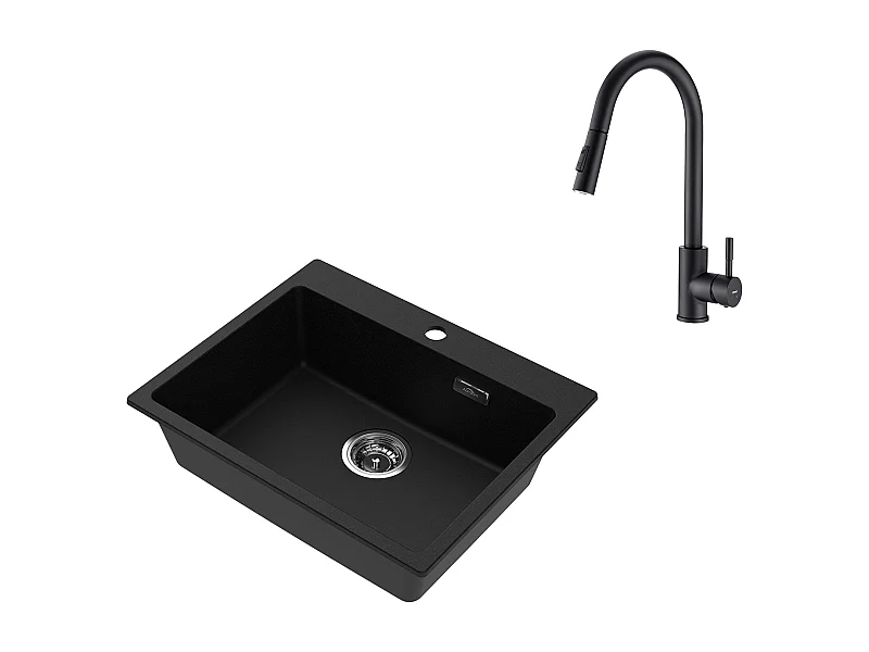 1 Granieten Aanrecht,55*45*20cm,Afvoerset,Zwart+KraanE Keuken Zwart, Uittrekbaar Roestvrij Staal 360 ° Draaibaar, 2 Fon