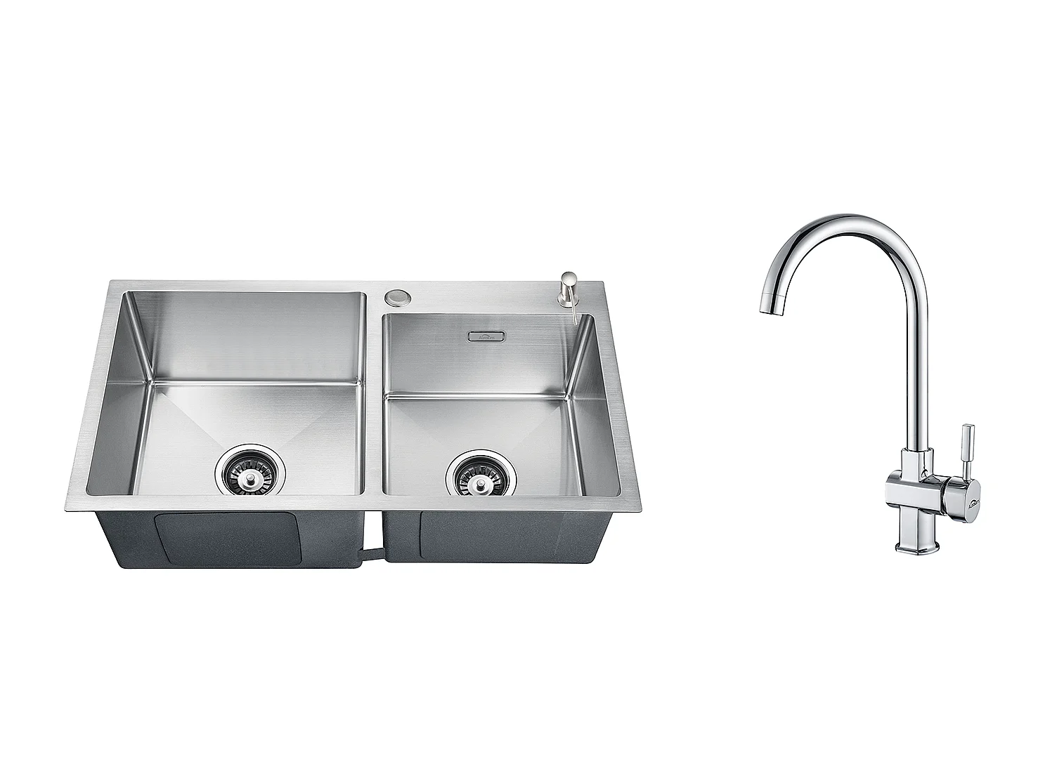 2 en1 Évier de Cuisine 2 Bac 75x45x19cm,Encastré/ à Poser avec Distributeur de Savon+Robinet Cuisine Chromé Pivotant 360° Eau Froide /Chaude