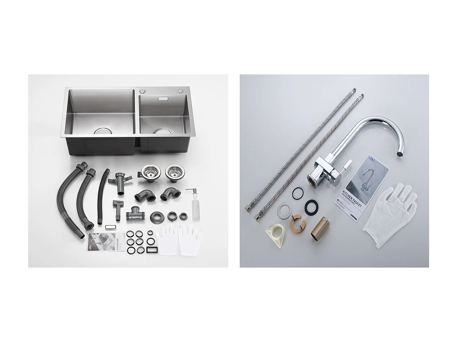 2 en1 Évier de Cuisine 2 Bac 75x45x19cm,Encastré/ à Poser avec Distributeur de Savon+Robinet Cuisine Chromé Pivotant 360° Eau Froide /Chaude