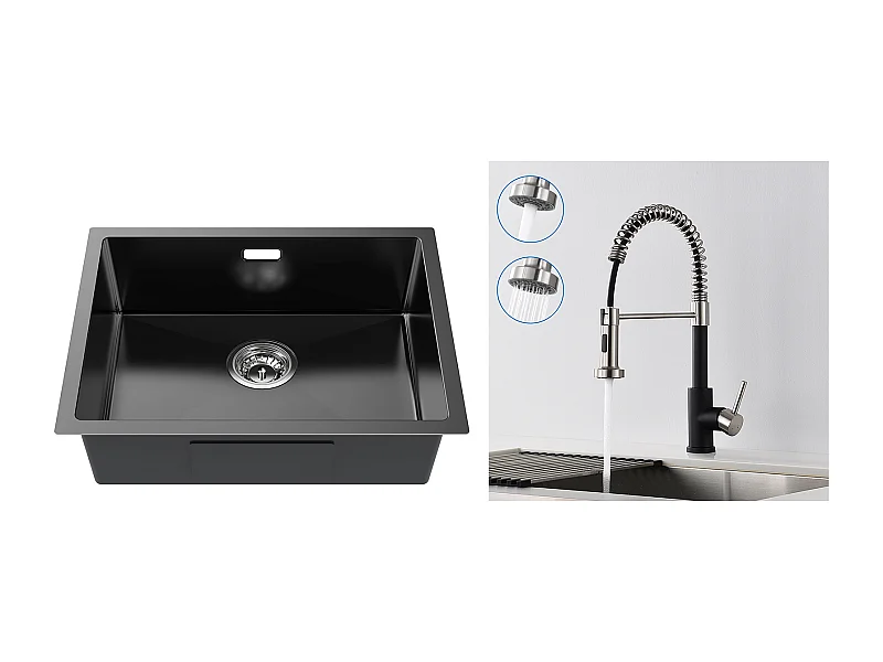 2-in-1-Küchenspüle mit Einzelbecken, 55 x 44 x 19 cm, Einbau-/Blumen-/Unterbauspüle, + Feder-Küchenarmatur mit ausziehbarer Brause, 2 Modi, Schwarz