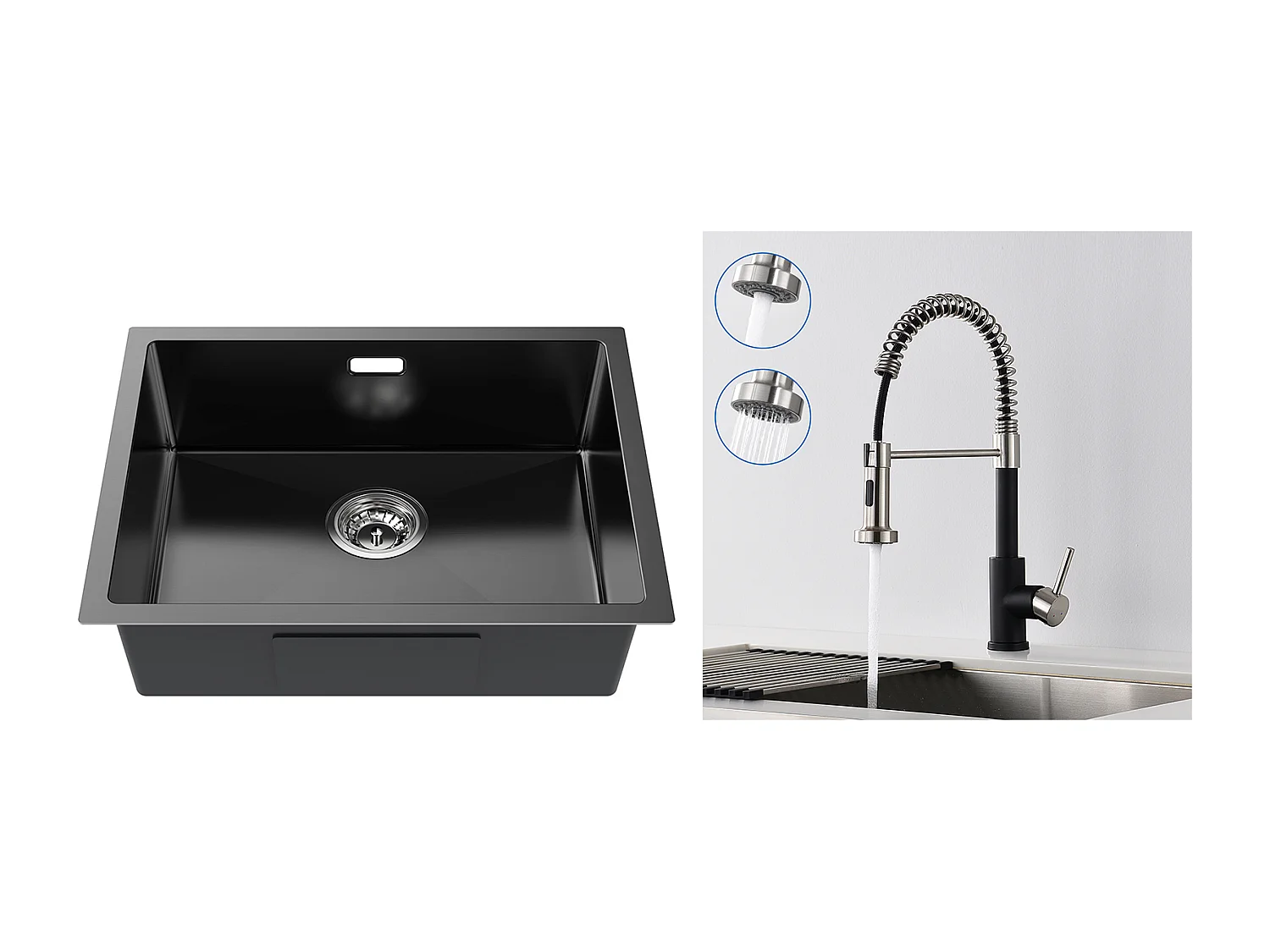 2 in1 LavelloCucina 1 Vassoio 55*44*19CM, da incasso/Fiore/Sottopiano,+Rubinetto da cucina a molla con doccetta allungabile,2 modalità,nero