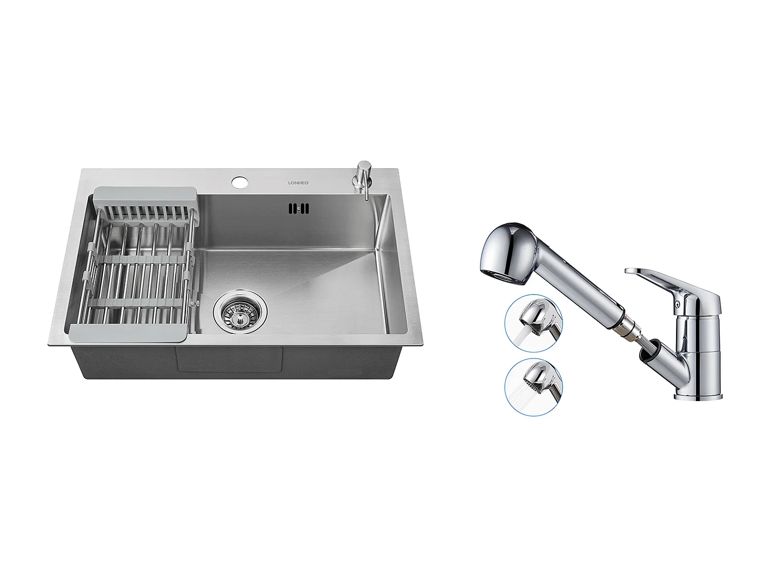 2en1 Évier Cuisine Brossé 68x45x19CM avec Distrubuteur savon Égouttoir Panier+Mitigeur Cuisine avec Douchette Extractible Rotatif 360°,Chromé