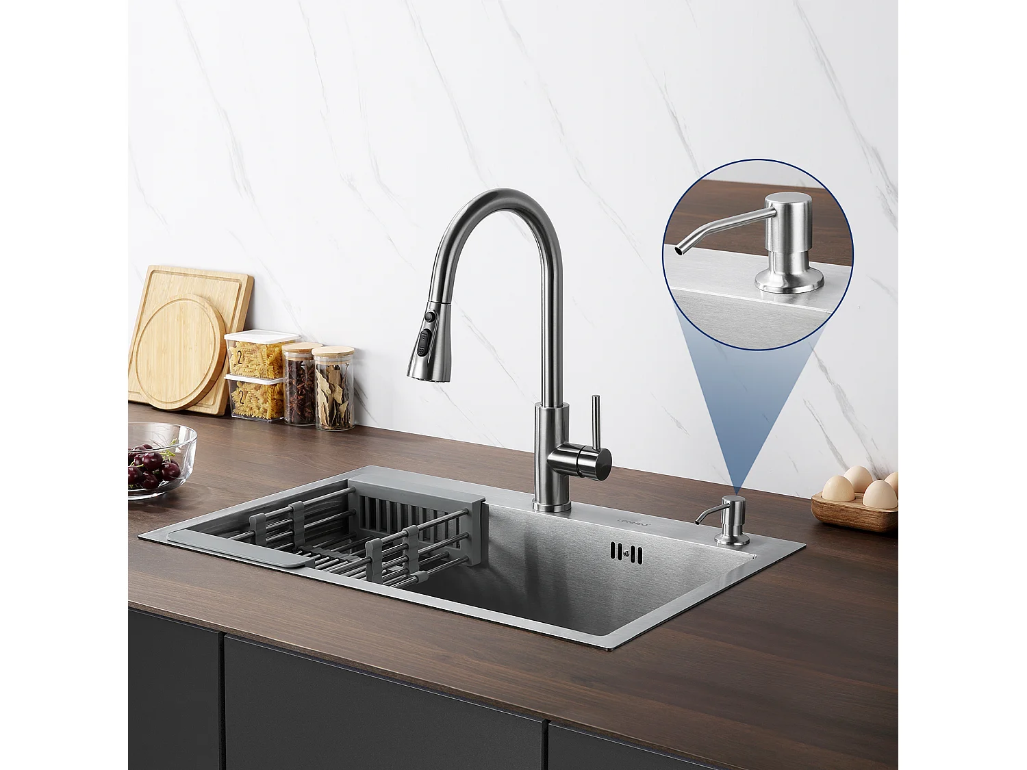 2en1 Évier Cuisine Brossé 68x45x19CM avec Distrubuteur savon Égouttoir Panier+Mitigeur Cuisine avec Douchette Extractible Rotatif 360°,Chromé