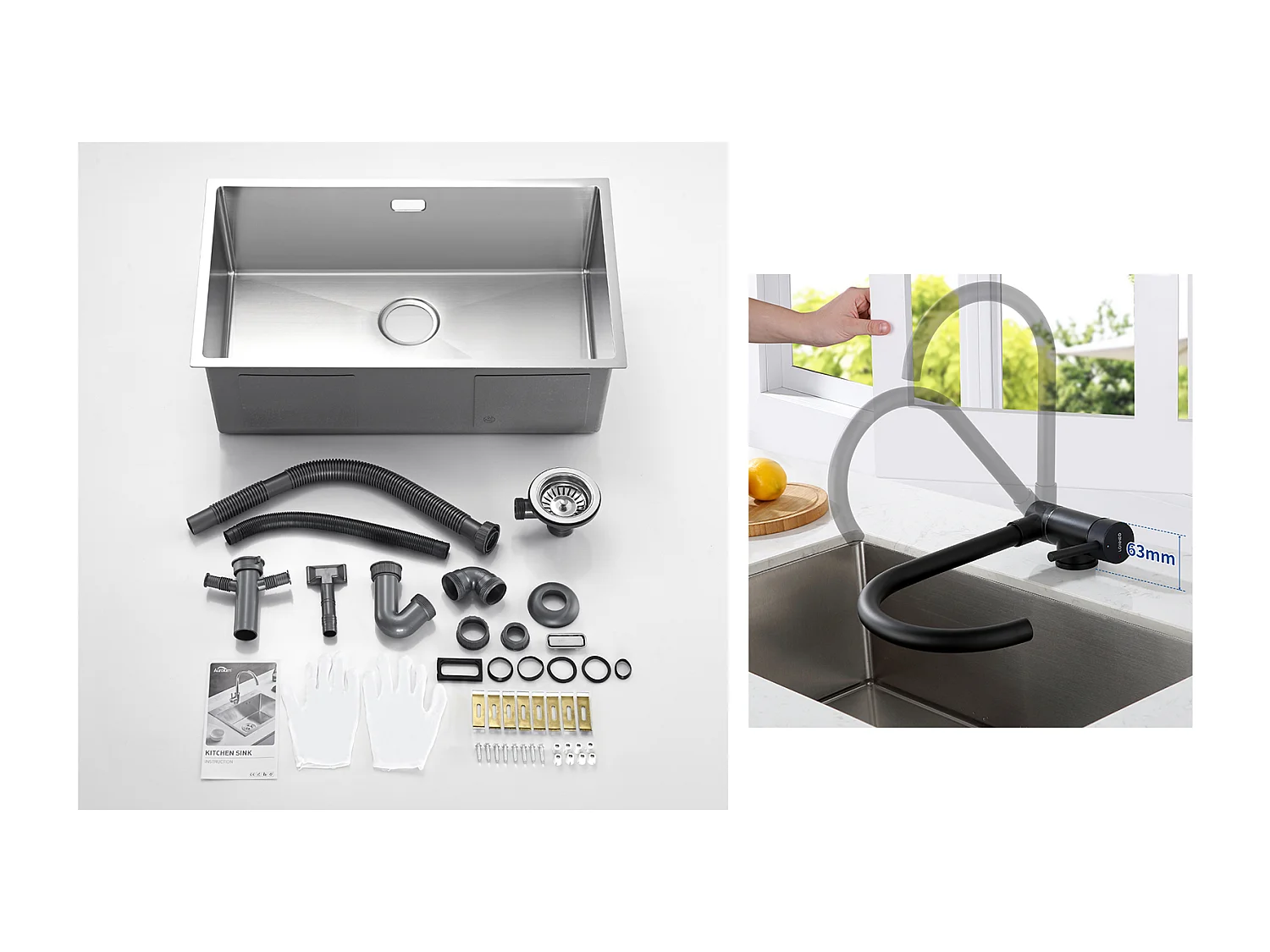 Évier Cuisine 1 Bac 74*44*20CM 304 Inox Évier Brossé avec Siphon et Trop-Plein+Mitigeur Cuisine en Acier Inox 304 Rabattable Pivotant à 360° ,N