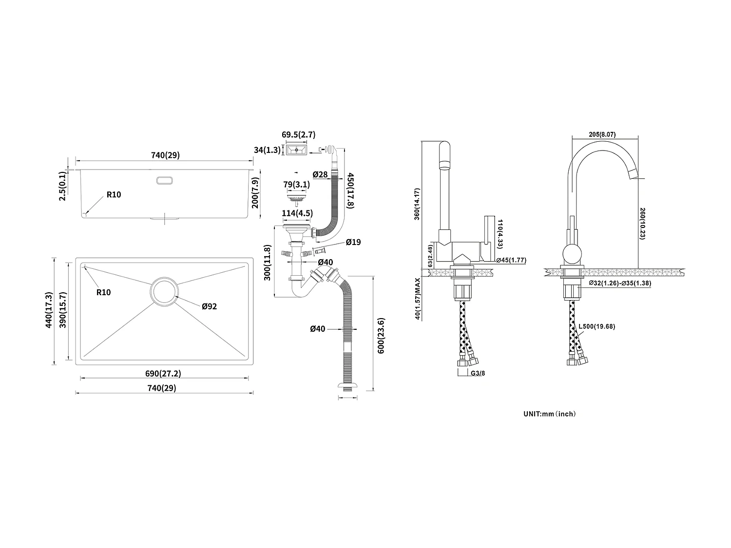 Évier Cuisine 1 Bac 74*44*20CM 304 Inox Évier Brossé avec Siphon et Trop-Plein+Mitigeur Cuisine en Acier Inox 304 Rabattable Pivotant à 360° ,N