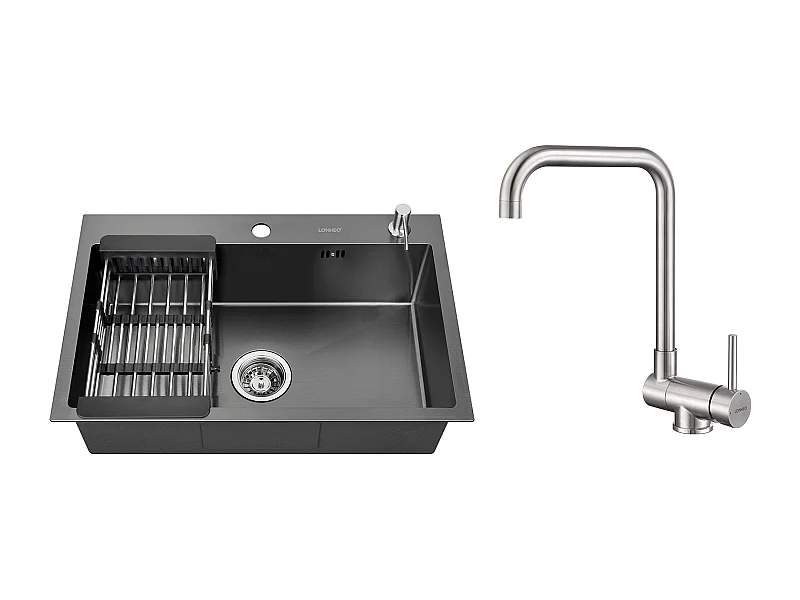 2 in 1 Aanrecht Zwart 68x45x19CM met Zeepvernietiger en Afdruiprekmand + Opklapbare Keukenmengkraan 360° Draaibaar