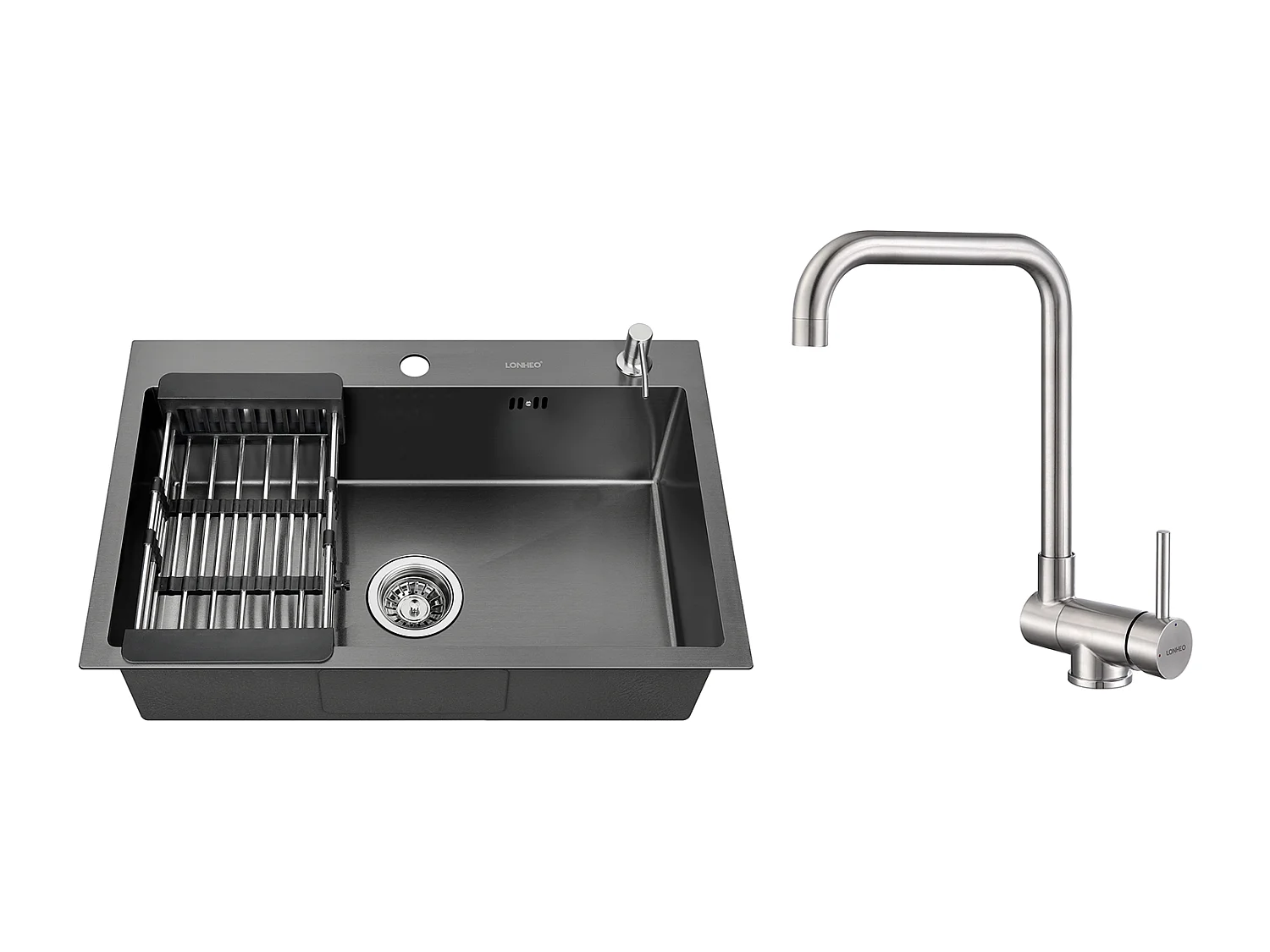 2 en 1 Fregadero de Cocina Negro 68x45x19CM con Distributor de Jabón y Escurridor Cesta +Mezclador Cocina Plegable Giratorio 360°