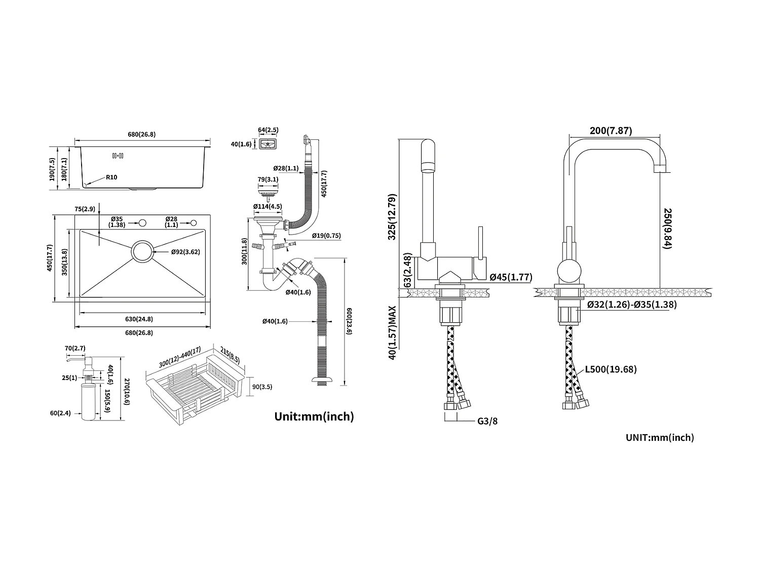 2 in 1 Aanrecht Zwart 68x45x19CM met Zeepvernietiger en Afdruiprekmand + Opklapbare Keukenmengkraan 360° Draaibaar