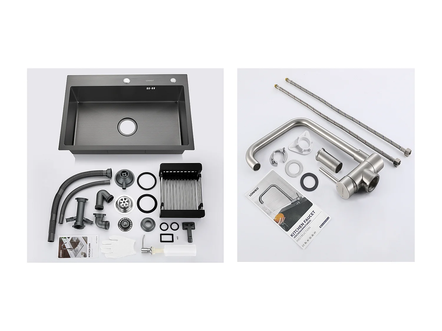 2 in 1 Aanrecht Zwart 68x45x19CM met Zeepvernietiger en Afdruiprekmand + Opklapbare Keukenmengkraan 360° Draaibaar