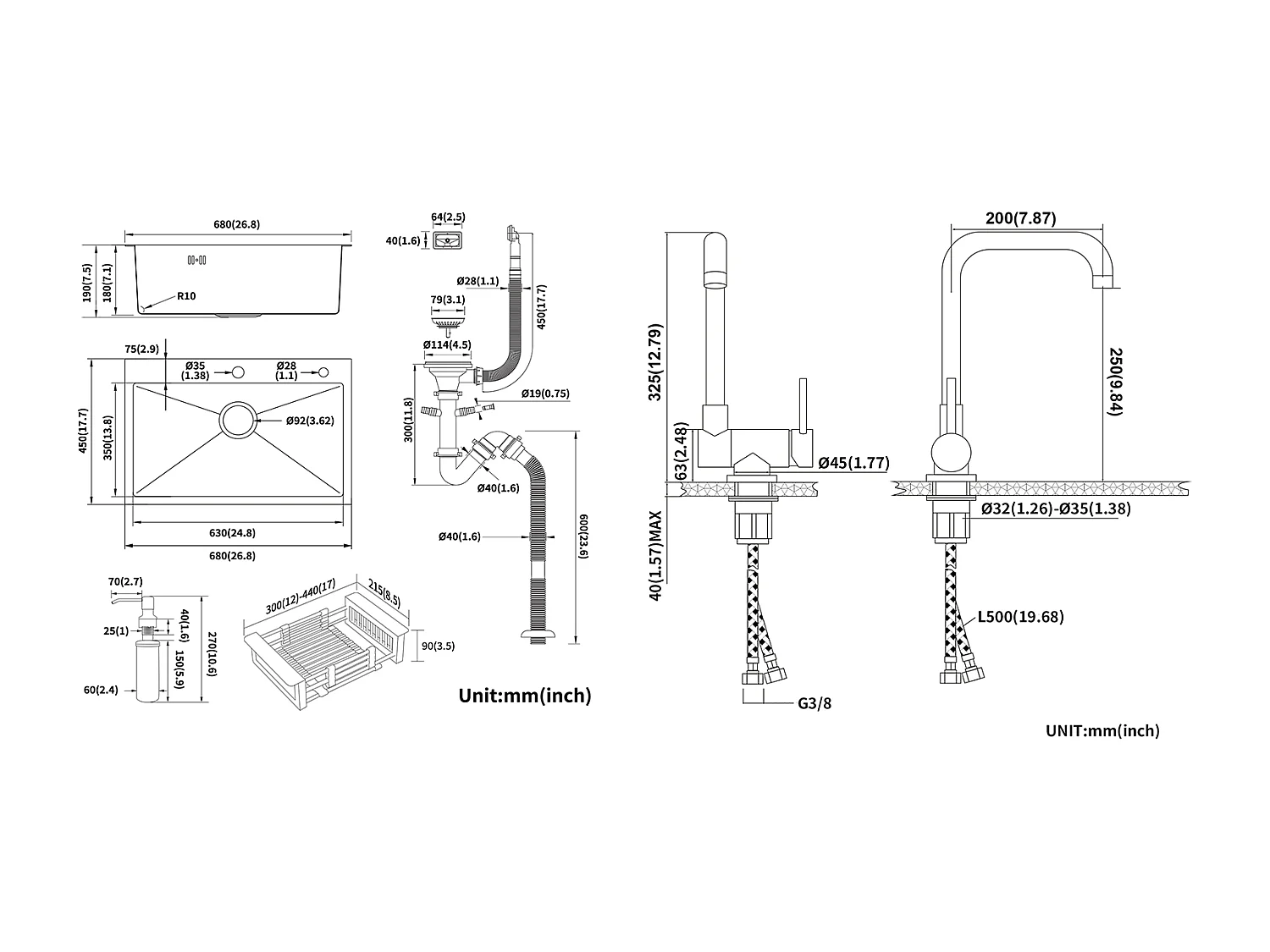2 in 1 Aanrecht Zwart 68x45x19CM met Zeepvernietiger en Afdruiprekmand + Opklapbare Keukenmengkraan 360° Draaibaar