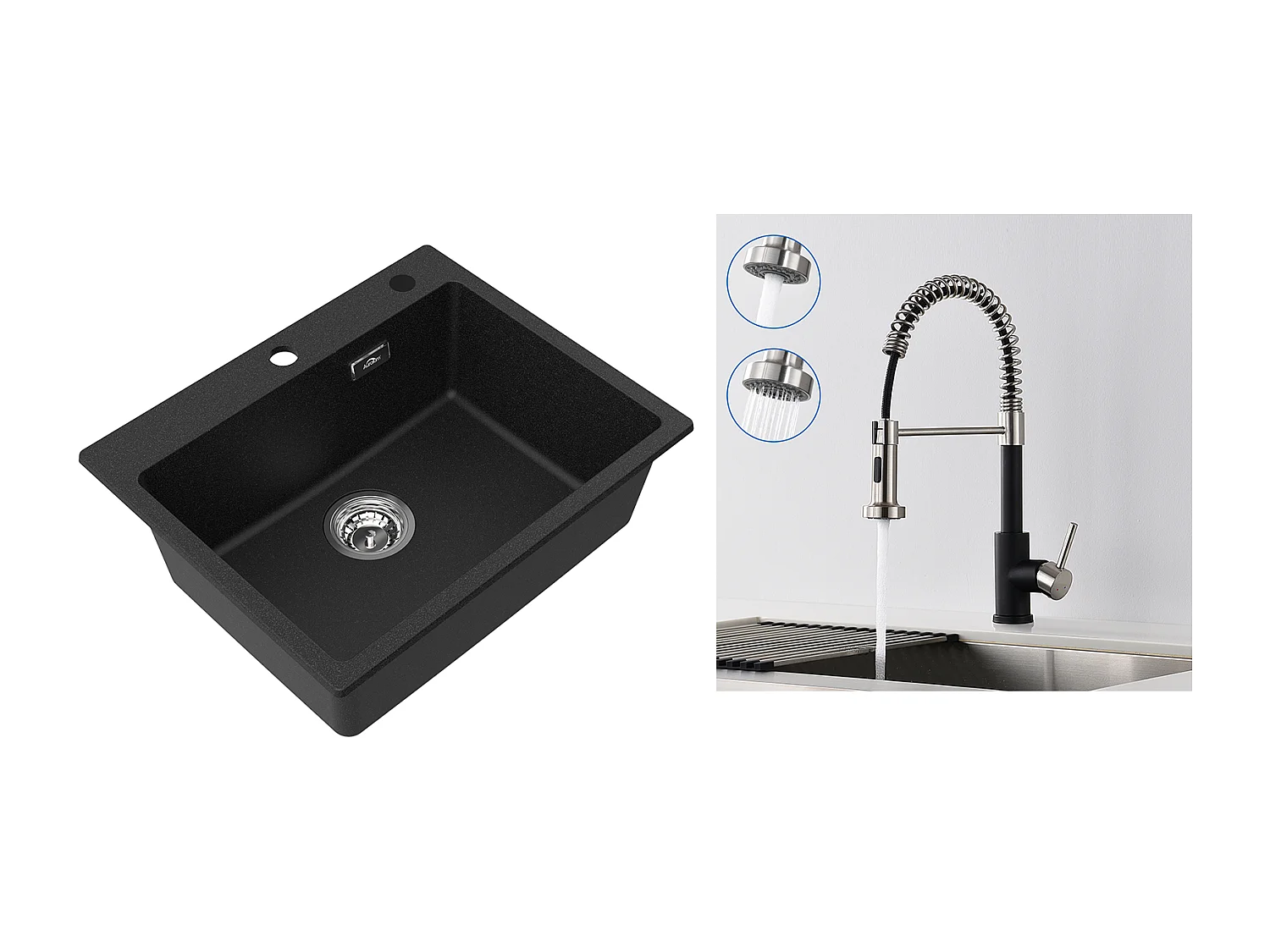1 Bac Évier Cuisine en Granit,55*45*20cm,Kit de Vidage+Robinet de Cuisine à Ressort avec Douchette Extensible,2 Modes, Pivotant à 360°,Noir
