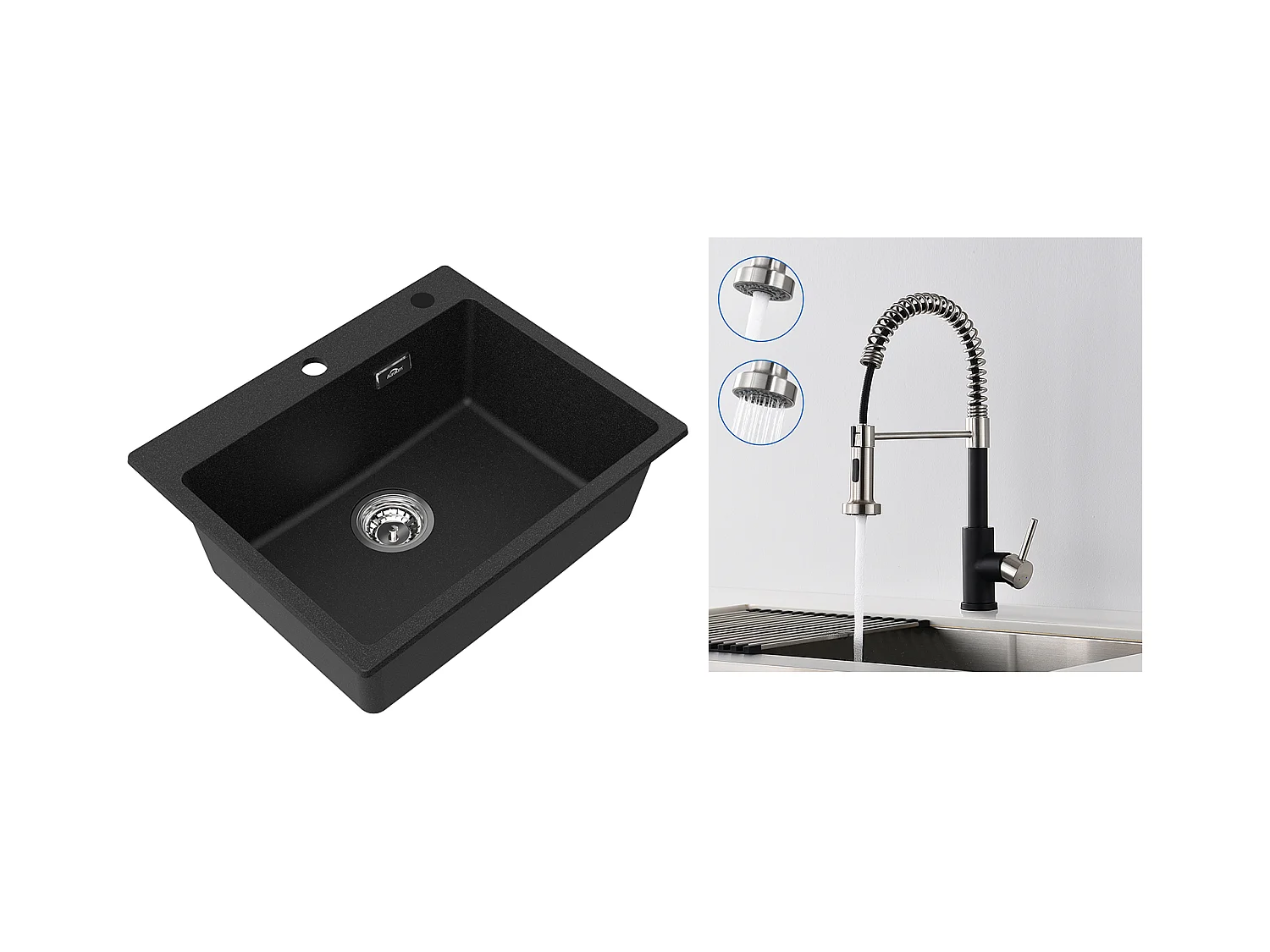 1Vassoio Lavello Cucina in Granito,55*45*20cm,Kit Svuotamento+Rubinetto Cucina a Molla con Doccetta Estensibile,2 Modalità,Gireggio 360°,Nero