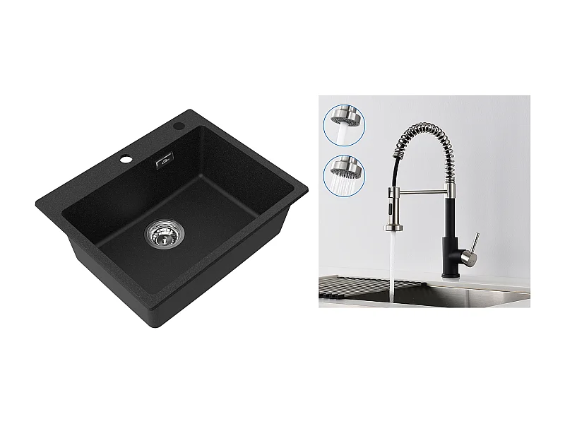1 Bac Évier Cuisine en Granit,55*45*20cm,Kit de Vidage+Robinet de Cuisine à Ressort avec Douchette Extensible,2 Modes, Pivotant à 360°,Noir