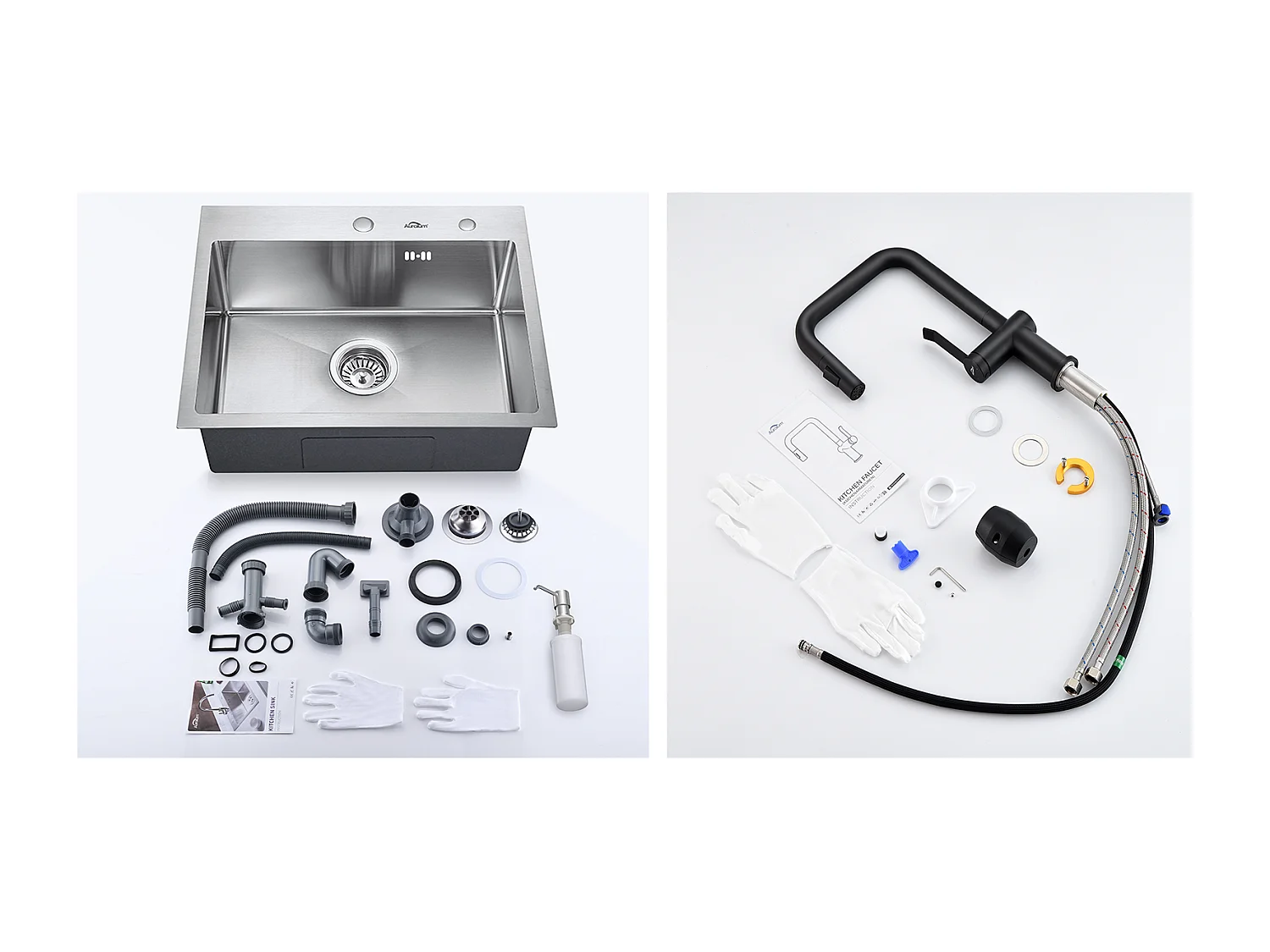 Fregadero Cocina 1 Contenedor 55*45CM Fregadero Empotrable/de Colocar con Dispensador Jabón+Grifo Cocina con Ducha Extraíble Rotativo 360 °2 F