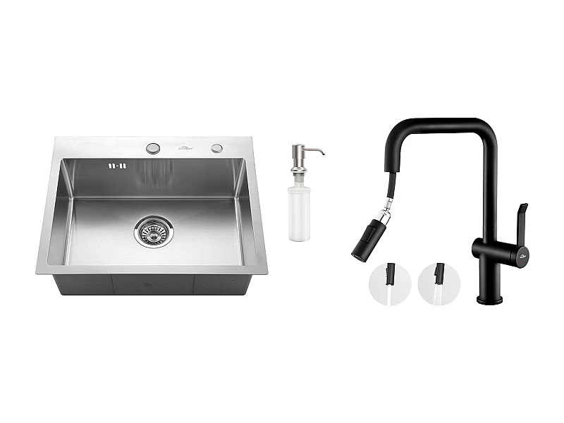 Évier Cuisine 1 Bac 55*45CM Évier Encastré/à Poser avec Distributeur Savon+Robinet Cuisine avec Douchette Extractible Rotatif 360 °2 F