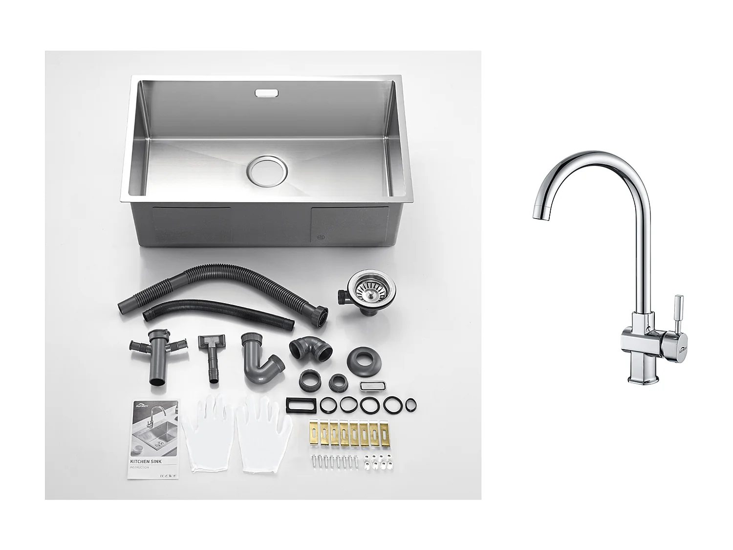 Fregadero Cocina 1 Bandeja 74*44*20CM Inox Fregadero Cepillado con Sifón y Trop-Plein+Grifo de Cocina Cromado Girante 360° Agua Fría/Caliente