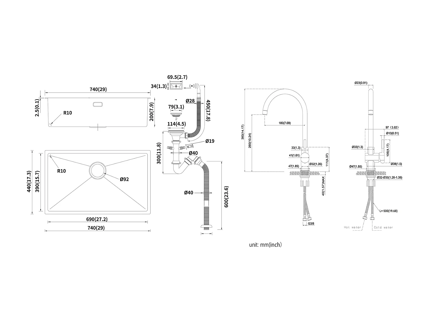 Fregadero Cocina 1 Bandeja 74*44*20CM Inox Fregadero Cepillado con Sifón y Trop-Plein+Grifo de Cocina Cromado Girante 360° Agua Fría/Caliente
