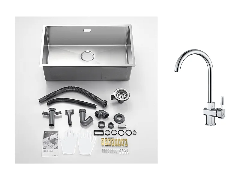 Aanrecht 1 Bak 74*44*20CM 304 RVS Geborstelde Gootsteen met Sifon en Overloop+Verchroomde Keukenkraan 360° Draaibaar Koud/Warm Water