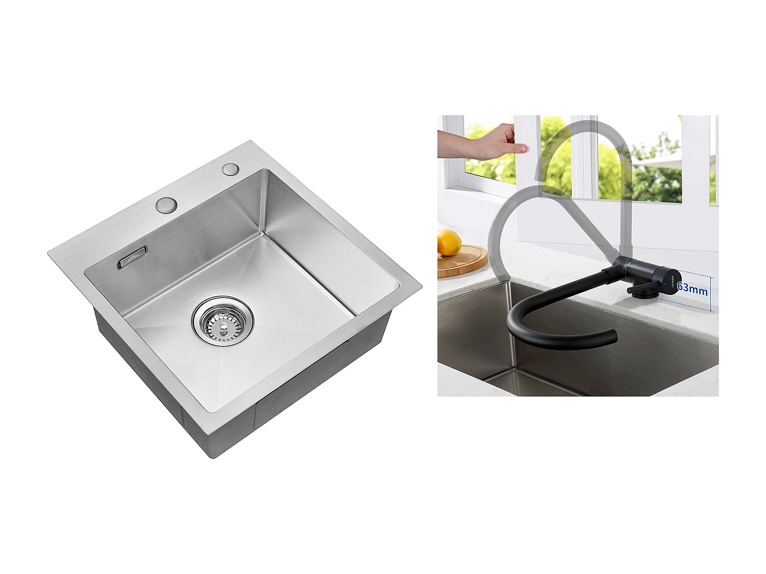 Évier Cuisine 1 Bac 45x45CM Acier Inoxydable 304 ,encastré et à Poser+Mitigeur Cuisine en Acier Inox 304 Rabattable Pivotant à 360° ,Noir