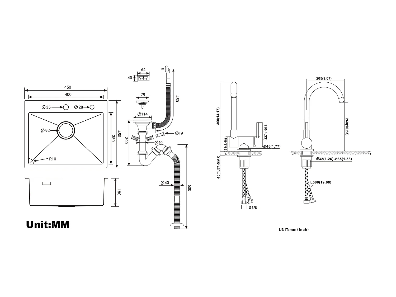 Évier Cuisine 1 Bac 45x45CM Acier Inoxydable 304 ,encastré et à Poser+Mitigeur Cuisine en Acier Inox 304 Rabattable Pivotant à 360° ,Noir