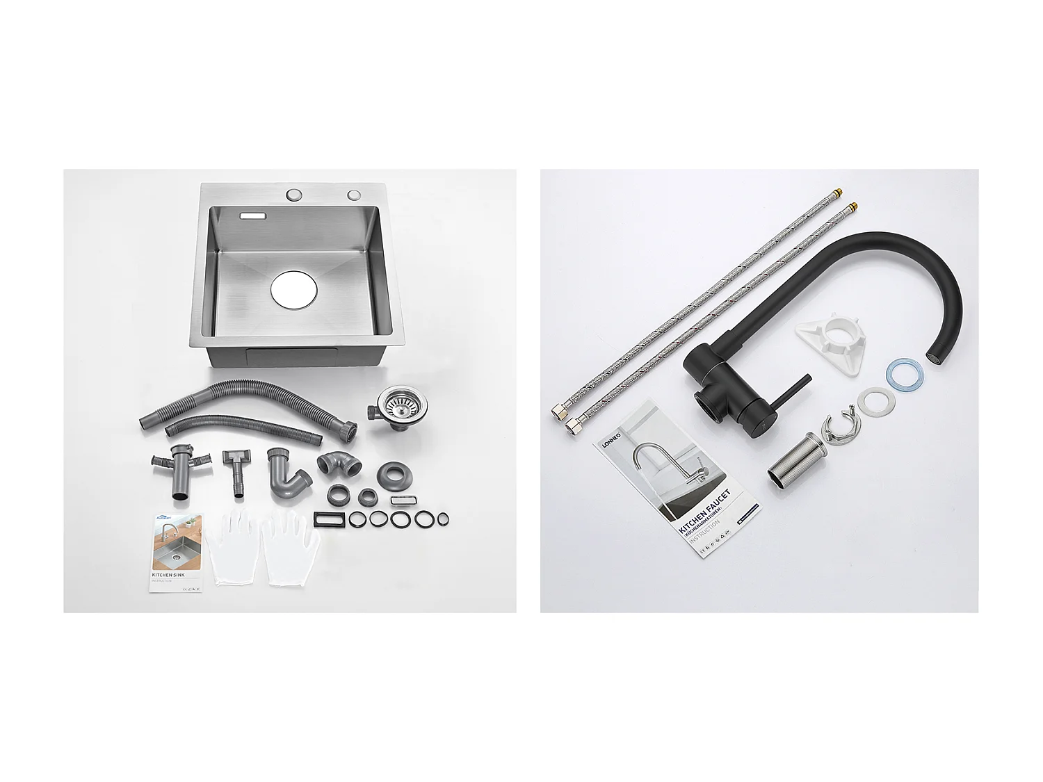 Évier Cuisine 1 Bac 45x45CM Acier Inoxydable 304 ,encastré et à Poser+Mitigeur Cuisine en Acier Inox 304 Rabattable Pivotant à 360° ,Noir