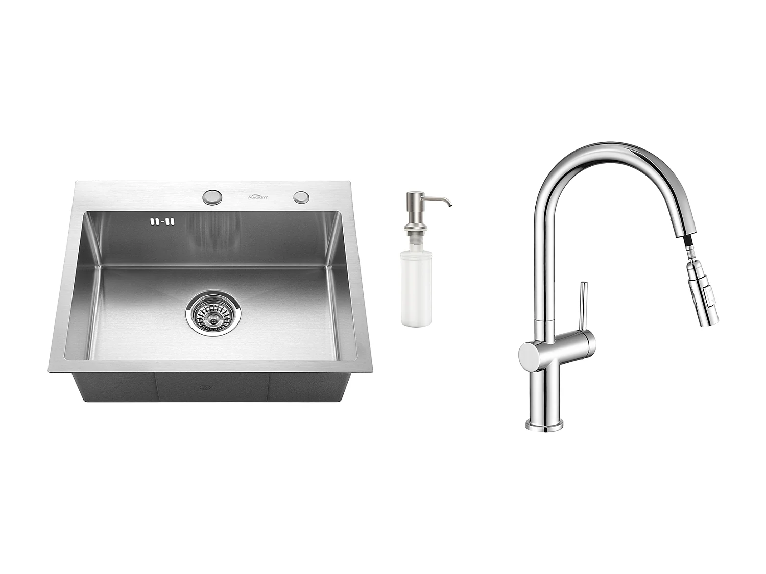 AuraLum Max Aanrecht 1 Bak 55*45CM Inbouw en Opzetbare Spoelbak met Zeepdispenser+Intrekbare Keukenkraan met twee functies,EU Model