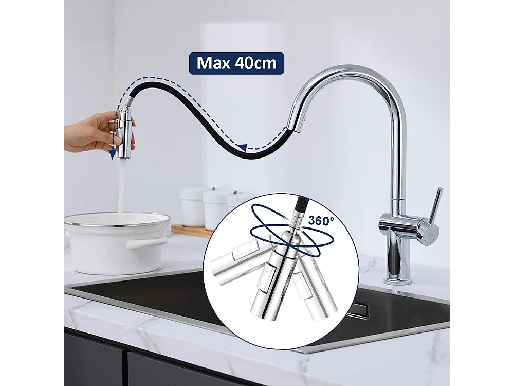 AuraLum Max Aanrecht 1 Bak 55*45CM Inbouw en Opzetbare Spoelbak met Zeepdispenser+Intrekbare Keukenkraan met twee functies,EU Model
