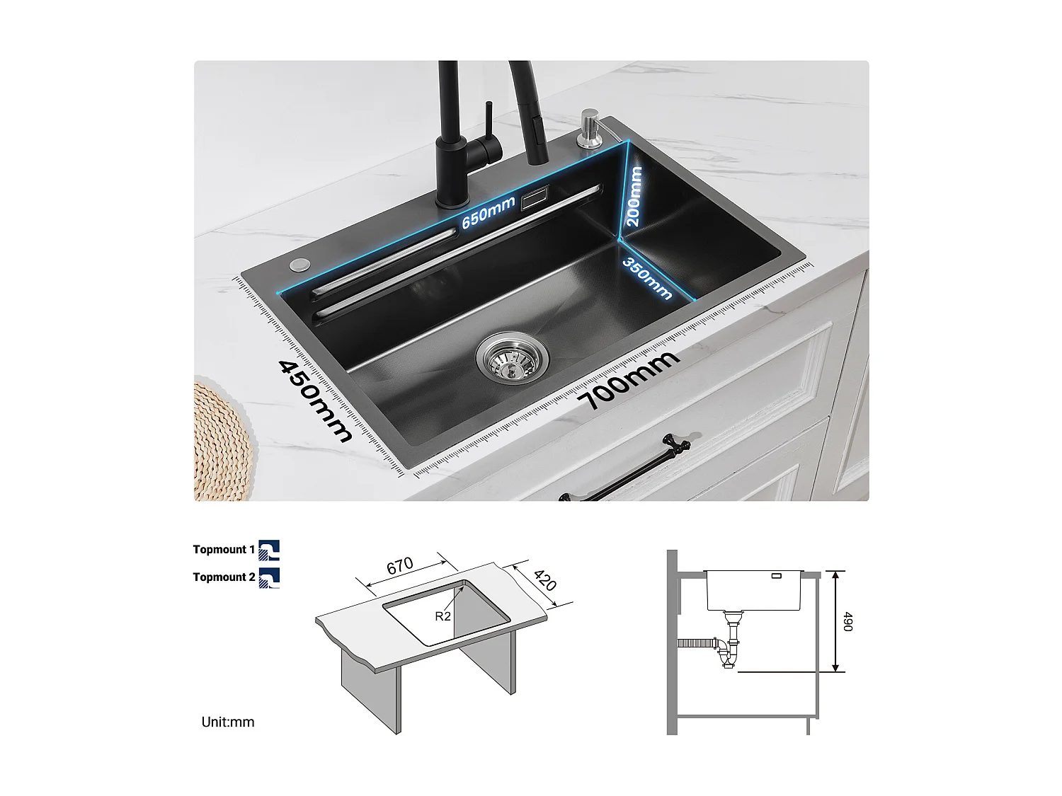 Cecipa max Küchenspüle 1 Becken 70×45×21,5 cm + Abtropffläche + Becken + Seifenspender, Schwarz 1 Becken Spüle Edelstahlspüle Großes Fassungsvermögen, EU-Modell