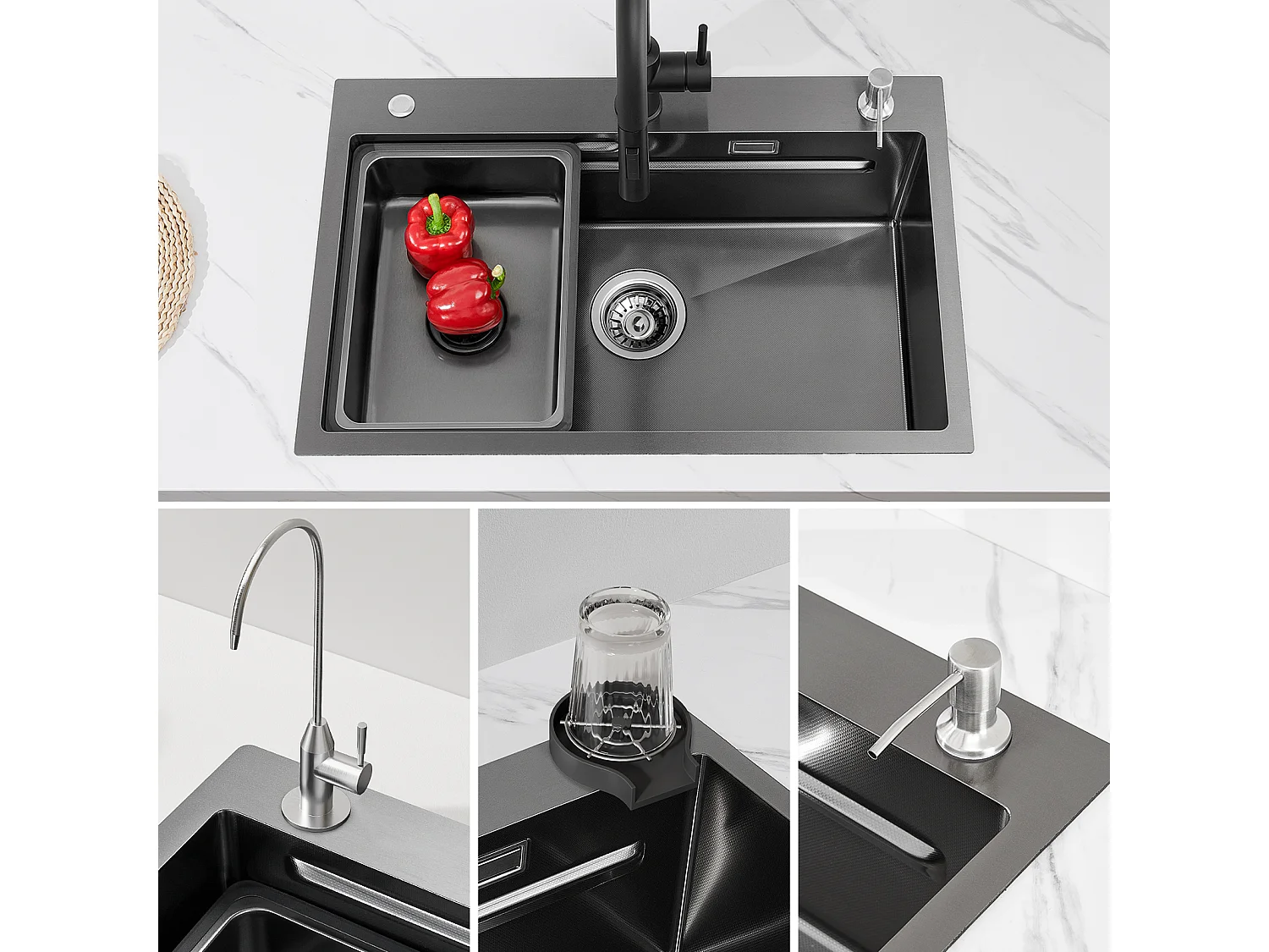 Cecipa max Küchenspüle 1 Becken 70×45×21,5 cm + Abtropffläche + Becken + Seifenspender, Schwarz 1 Becken Spüle Edelstahlspüle Großes Fassungsvermögen, EU-Modell