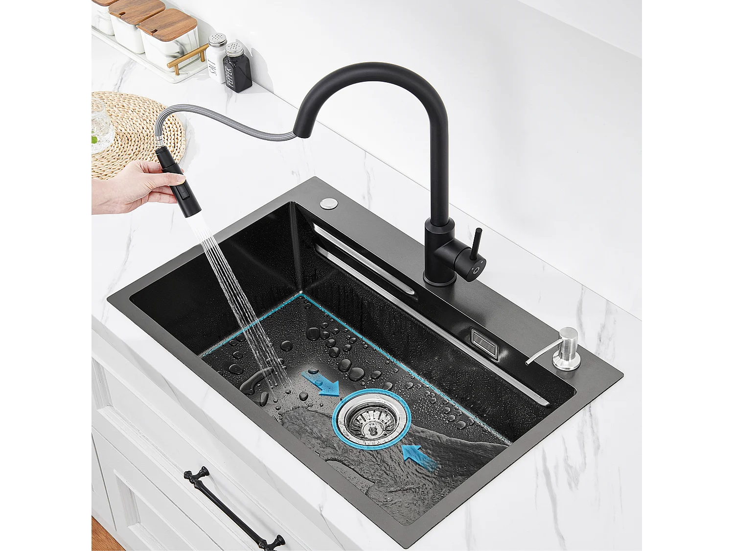 Cecipa max Küchenspüle 1 Becken 70×45×21,5 cm + Abtropffläche + Becken + Seifenspender, Schwarz 1 Becken Spüle Edelstahlspüle Großes Fassungsvermögen, EU-Modell