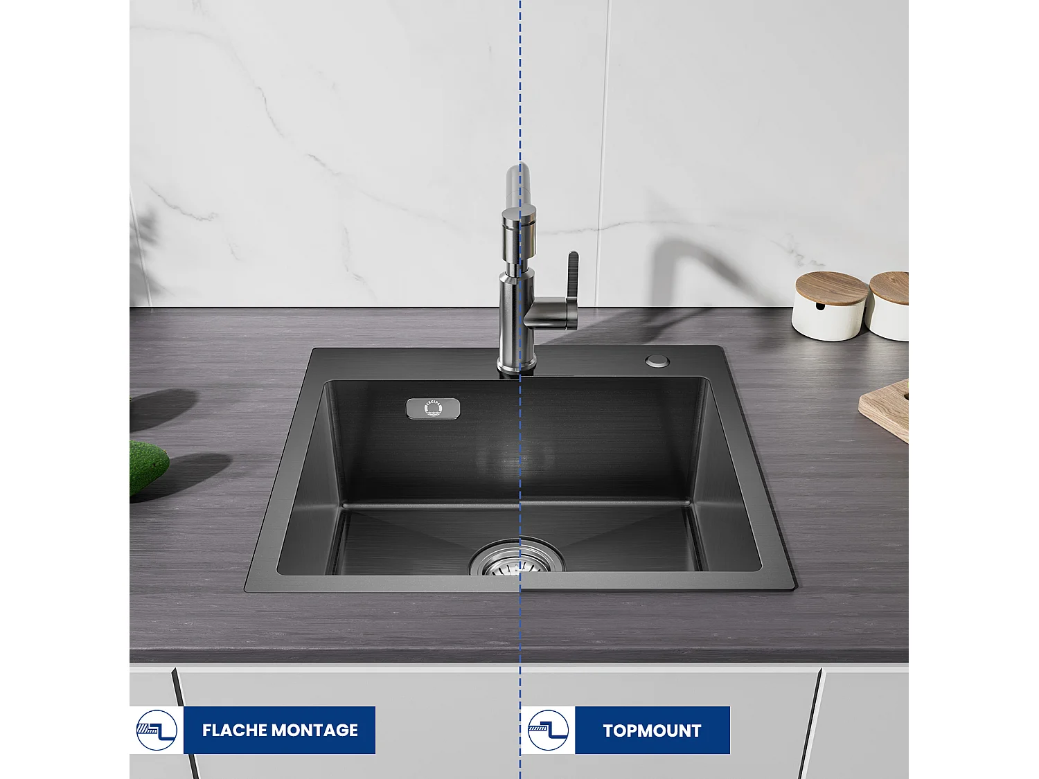 Cecipa max Fregadero de Cocina 1 Seno 50 × 45 × 18,5 CM Fregadero de Cocina de Acero Inoxidable PVD Lavabo de Encimera Nano, Modelo UE