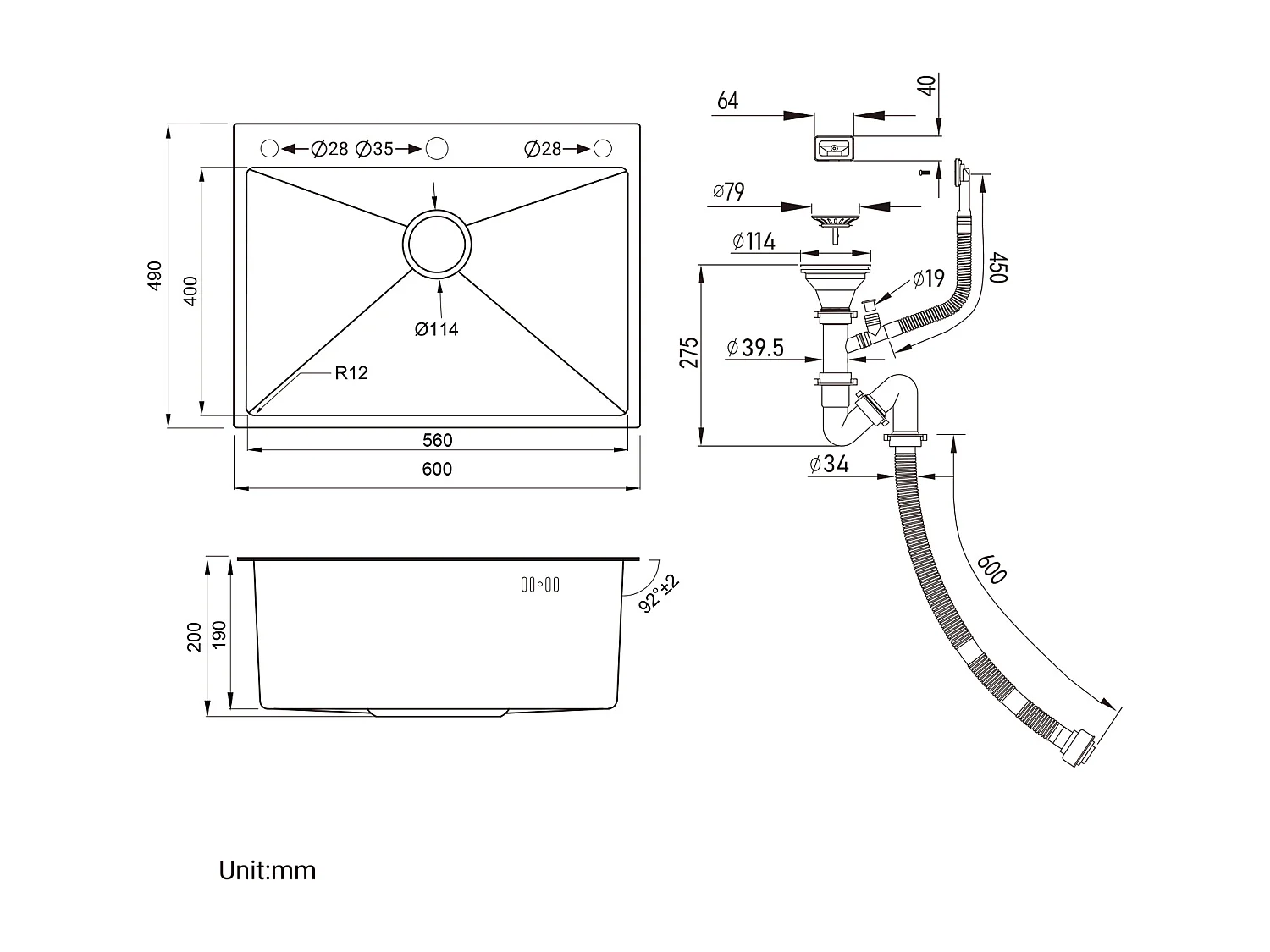 Auralum max Einzelbecken-Unterbauspüle, 60 x 49 x 20 cm, Spüle aus Edelstahl 304, silberfarben + dunkelgrau, ausziehbare Brause, Küchenmischbatterie, 360° drehbar