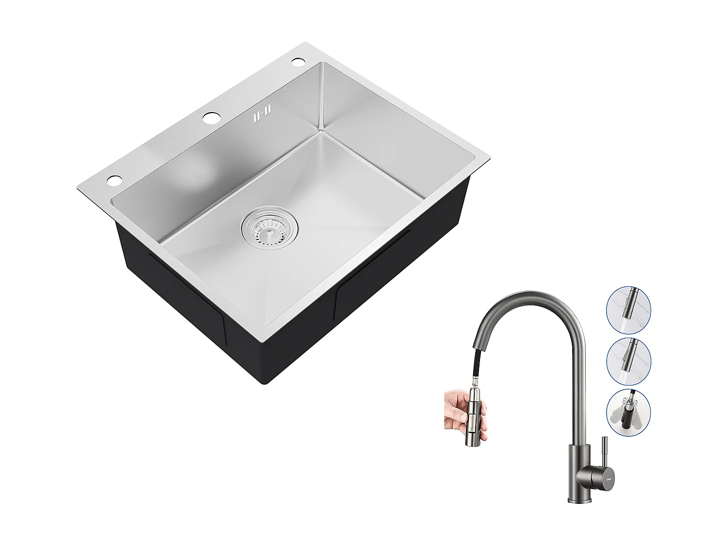 Auralum max Évier Cuisine à Encastrer,1 Bac,60*49*20CM,Évier en inox 304,Silver+Mitigeur Cuisine avec Douchette Extractible Gris Foncé Rotatif 360 °