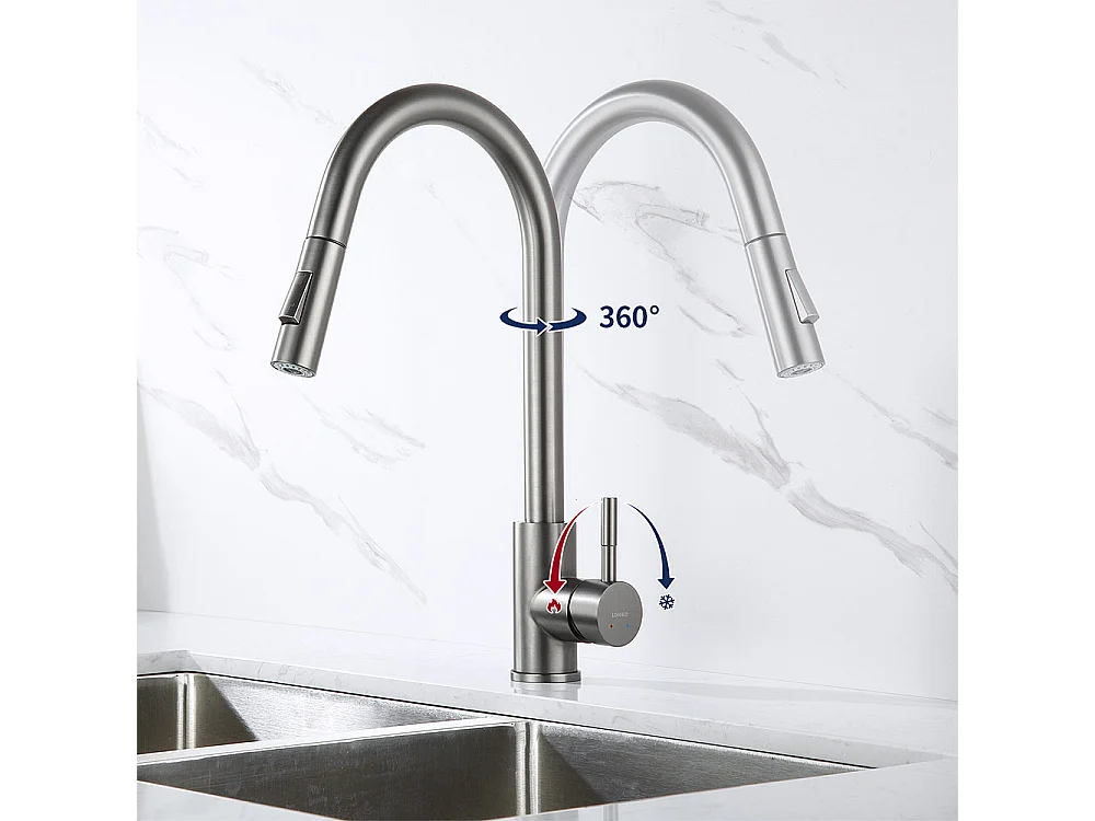 Auralum max Évier Cuisine à Encastrer,1 Bac,60*49*20CM,Évier en inox 304,Silver+Mitigeur Cuisine avec Douchette Extractible Gris Foncé Rotatif 360 °