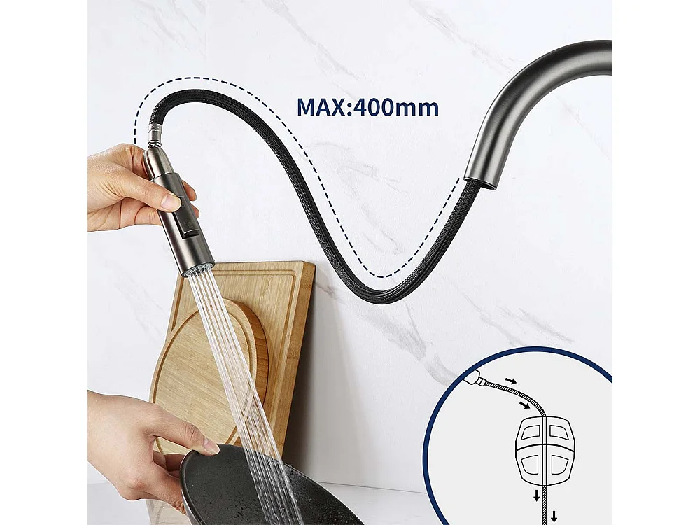 Auralum max Évier Cuisine à Encastrer,1 Bac,60*49*20CM,Évier en inox 304,Silver+Mitigeur Cuisine avec Douchette Extractible Gris Foncé Rotatif 360 °