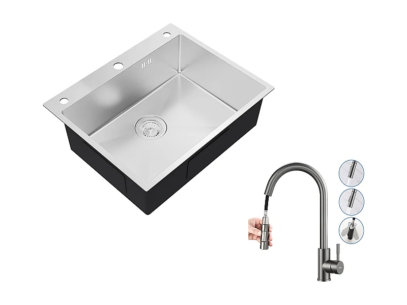 Auralum max Lavello Cucina Incasso,1 Vassoio,60*49*20CM,Lavello，inox 304,Argento+Mistore Cucina con Doccia Estraibile Grigio Scuro Rotante 360 °